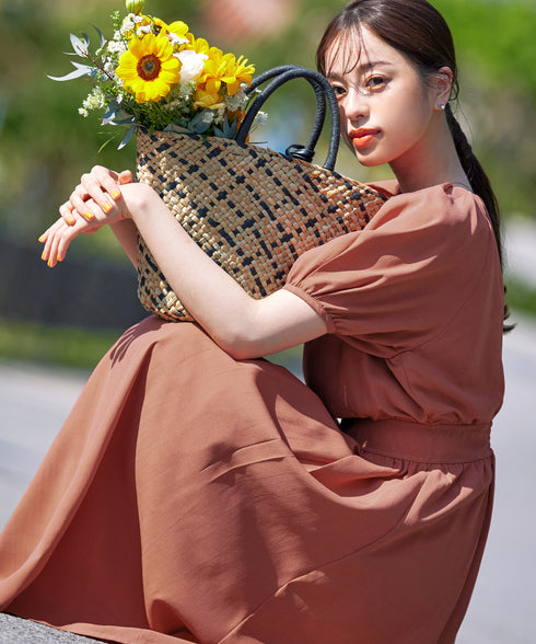 【アウトレット】麻調ギャザーフレアワンピース