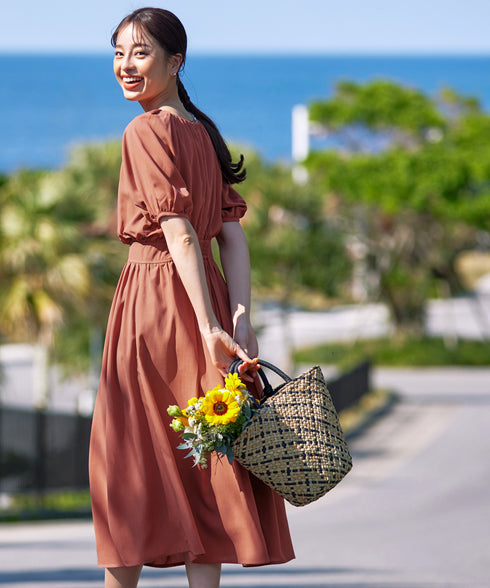 【アウトレット】麻調ギャザーフレアワンピース