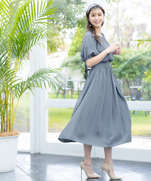 【アウトレット】麻調ギャザーフレアワンピース