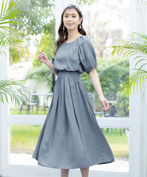 【アウトレット】麻調ギャザーフレアワンピース