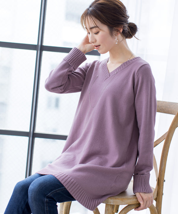 Vネックリブニットチュニック