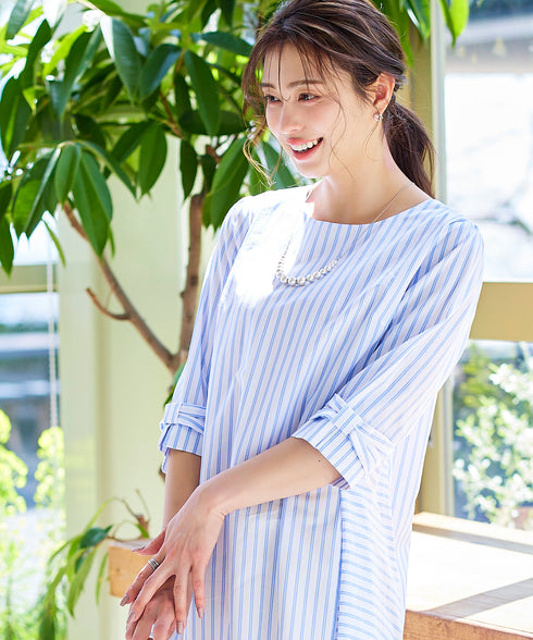 【アウトレット】リボンスリーブストライプチュニックブラウス