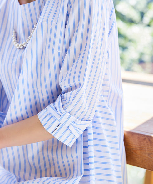 【アウトレット】リボンスリーブストライプチュニックブラウス