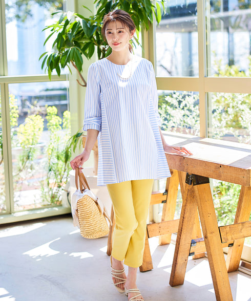 【アウトレット】リボンスリーブストライプチュニックブラウス
