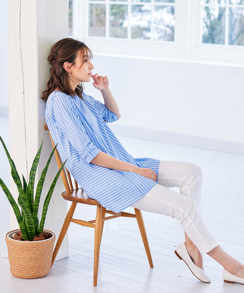 【アウトレット】リボンスリーブストライプチュニックブラウス