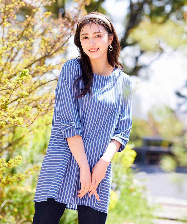 【アウトレット】リボンスリーブストライプチュニックブラウス