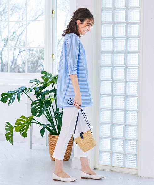 【アウトレット】リボンスリーブストライプチュニックブラウス