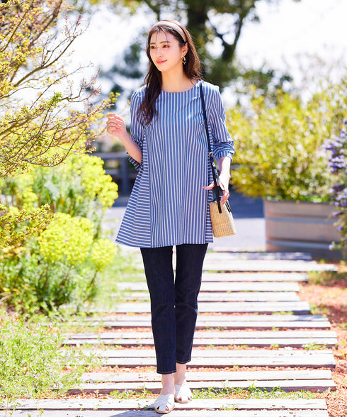 【アウトレット】リボンスリーブストライプチュニックブラウス