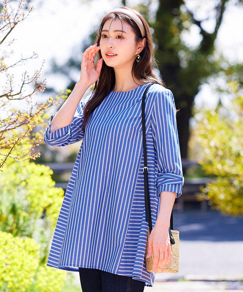 【アウトレット】リボンスリーブストライプチュニックブラウス