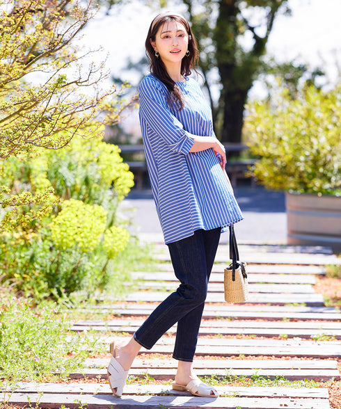 【アウトレット】リボンスリーブストライプチュニックブラウス