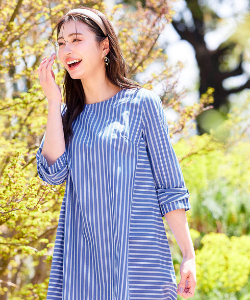 【アウトレット】リボンスリーブストライプチュニックブラウス
