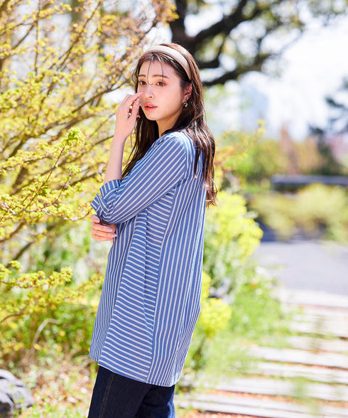 【アウトレット】リボンスリーブストライプチュニックブラウス