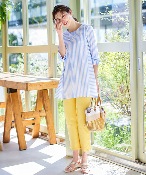 【アウトレット】リボンスリーブストライプチュニックブラウス