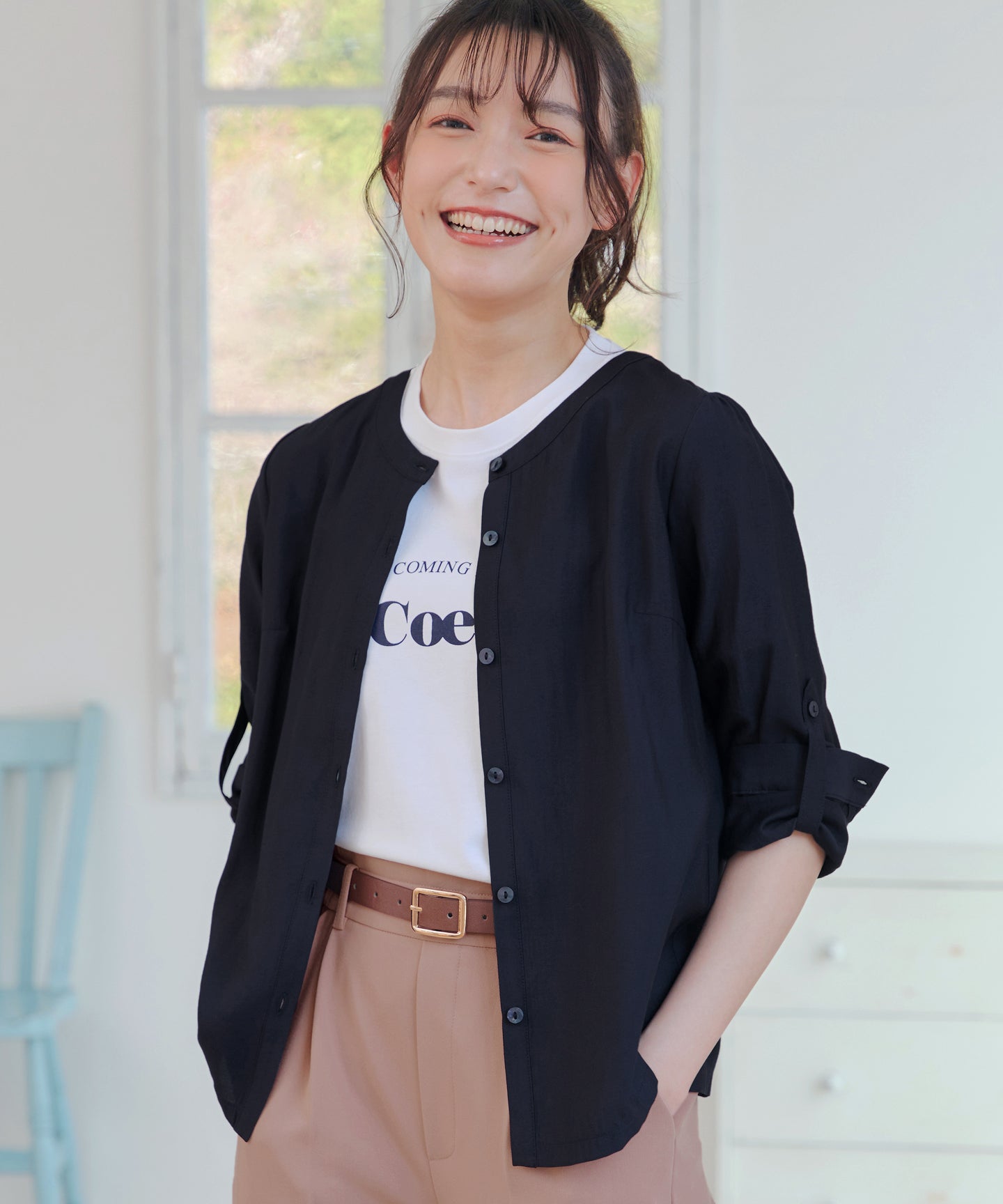 ノーカラー メッシュジャケットとシアーシャツ 短丈／日本製】カラミ風メッシュ ノーカラージャケット