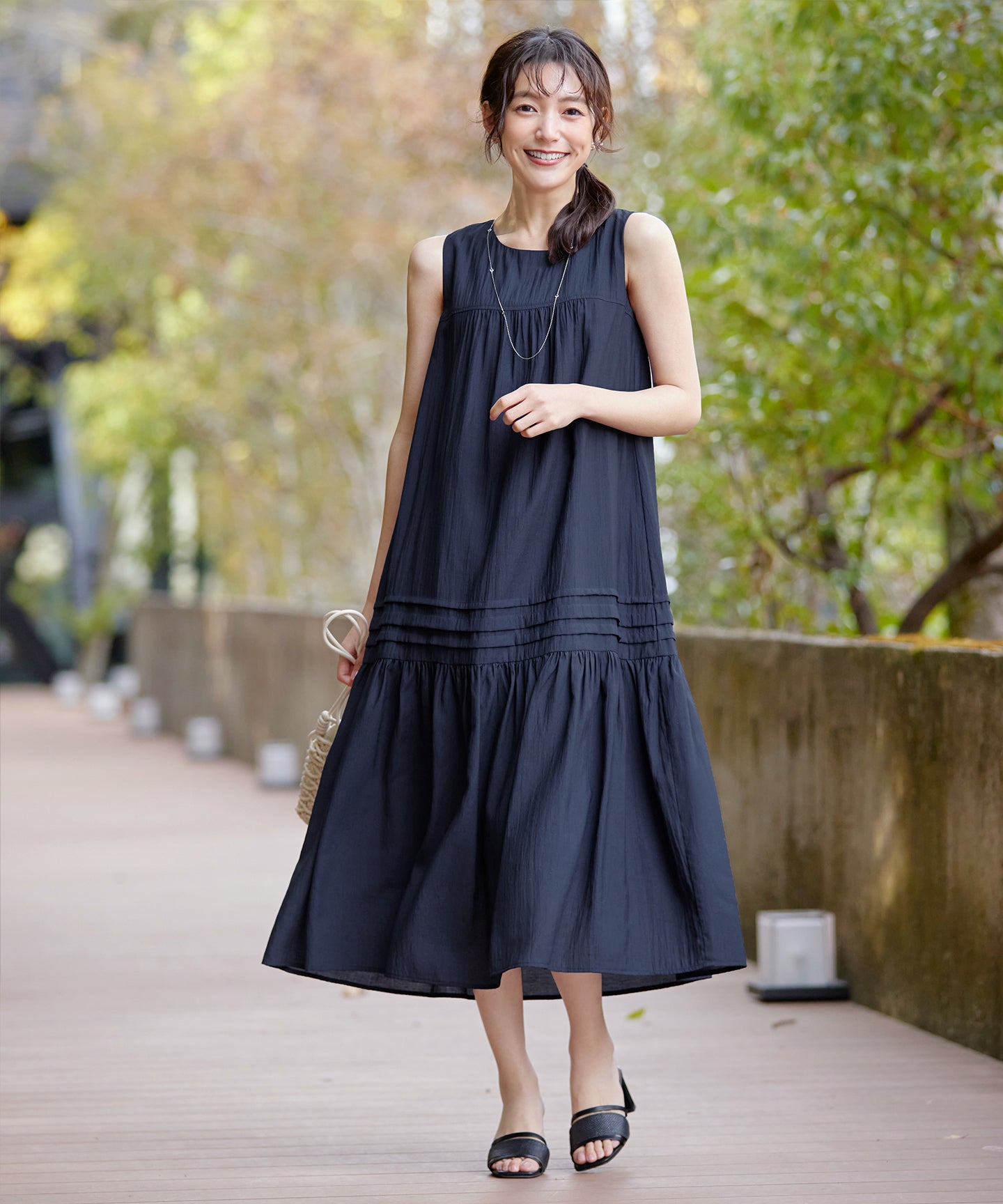経典 小倉優子さん着用・洗える・XSサイズ】麻調ピンタックロング ワンピース